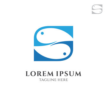 Fish/fishing letter S logo concept, simple flat logo style, blue color on white background