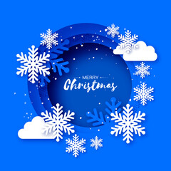 Fototapeta na wymiar Merry Christmas and Happy New Year. White snowflakes in paper cut style. Space for text. Circle frame. Winter time. Cloud..