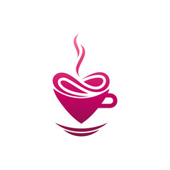 Love coffee logo, cup and heart shape, simple flat logo style gradient red color on white background