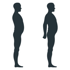 Black view side body silhouette, fat extra weight male anatomy human character, people dummy isolated on white, flat vector illustration. Unhealthy lifestyle.