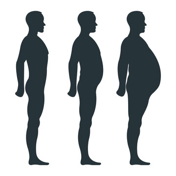 Black view side body silhouette, fat extra weight male anatomy human character, people dummy isolated on white, flat vector illustration. Unhealthy lifestyle.