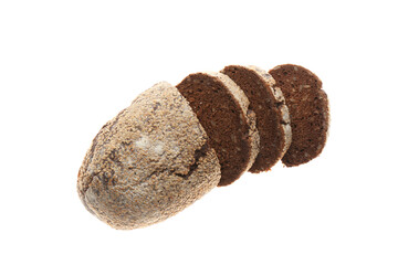 Cut freshly baked bread isolated on white, top view