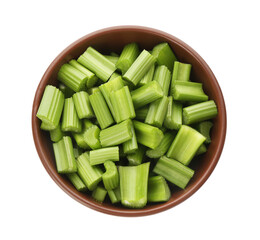 Bowl of chopped fresh green celery isolated on white, top view