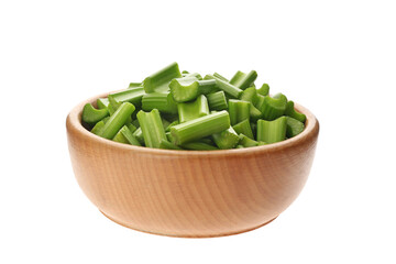 Bowl of chopped fresh green celery isolated on white