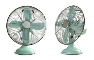 Fan on white background, collage with views from different sides