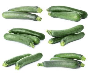 Set of whole fresh zucchinis on white background
