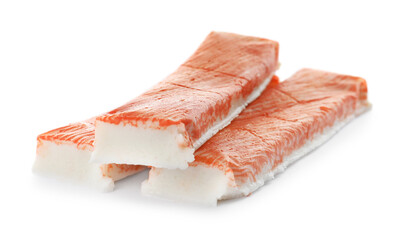 Delicious fresh crab sticks isolated on white