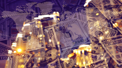 Money exchange. Double exposure with dollar banknotes and night city