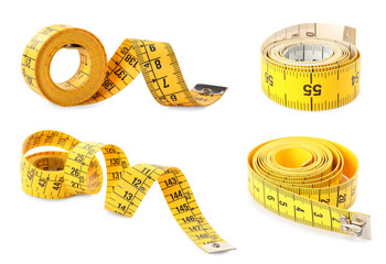 Set of yellow measuring tapes on white background