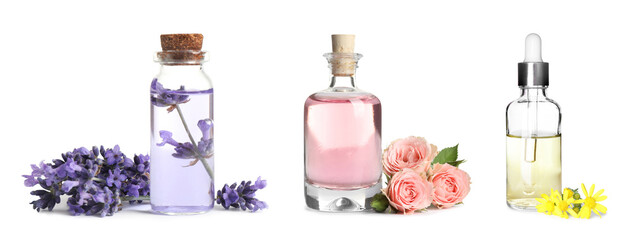 Set of different essential oils for aromatherapy on white background, banner design