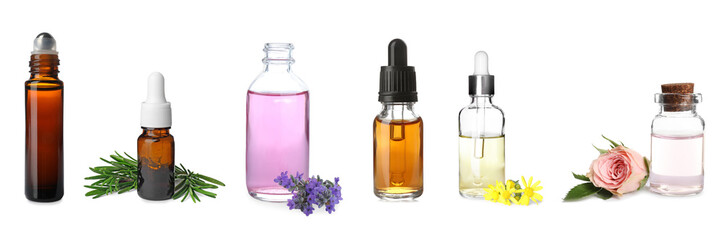 Obraz na płótnie Canvas Set of different essential oils for aromatherapy on white background, banner design