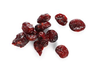 Many red dried cranberries on white background, top view