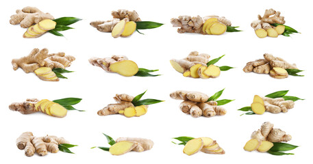 Set of fresh aromatic ginger with green leaves on white background