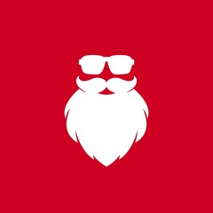 Hipster Santa poster. Claus face silhouette with beard and cool sun glasses on red background.