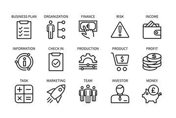 Business and finance, vector set of linear icons. Business management. Organization, marketing, team, investor, money and more. Isolated collection of business icons for websites. Editable stroke.