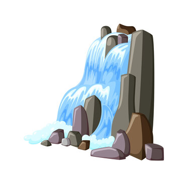 recommend clip art: Waterfall cascade in rocks. Water splashing down with foam. Vector illustration of falling river in cartoon style
