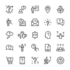 Questions and tasks, ask and think, vector linear icons set. Contains icons such as doubt, difficulty, uncertainty, question mark, and more. Collection of isolated symbols of questions for the web.