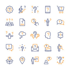 Questions and tasks, ask and think, vector color linear icons set. Contains icons such as difficulty, uncertainty, question mark and more. Collection of isolated symbols of questions for the web.