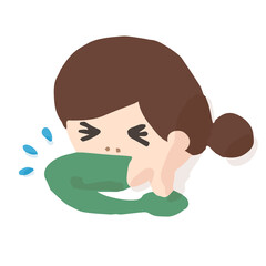 Woman Coughing Into Elbow; Hand drawn vector illustration like woodblock print