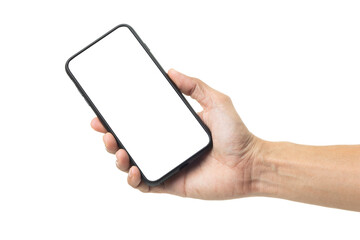 Hand business man holding mobile smartphone with blank screen isolated on white background with clipping path