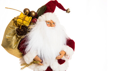 Santa Claus with backpack on white background. Holiday theme with christmas concept