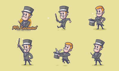 magician vintage cartoon character with retro badges style