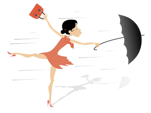 Windy day and woman with a handbag and umbrella isolated. Strong wind and a young woman trying to keep an umbrella and handbag isolated on white illustration 