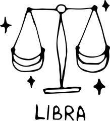 Vector illustration of the zodiac sign Libra in force Doodle, black outline on an isolated white background. The concept of astrology, mysticism, divination, horoscopes. Can be used for books, fabric