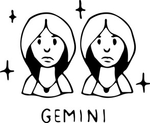 Vector illustration of the zodiac sign Gemini in the power of Doodle, black outline on an isolated white background. The concept of astrology, mysticism, divination, horoscopes. Can be used for books
