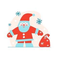 Hand drawn Christmas clipart with Santa Claus, bag of gifts, snowflakes on beige background. Vector flat illustration. Design for greeting card, banner, web, sticker, posters, gift tags and labels