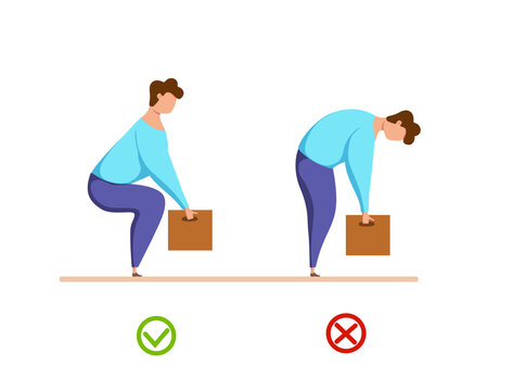 Lifting box correct and improper technique vector health care concept.