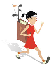 Golfer woman goes to play golf illustration. Smiling woman with golf ball in the hand and golf bag goes to play golf illustration 