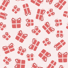 Christmas seamless pattern. Vector illustration for textiles, packaging, cards, banners. Festive pink background with gifts. Simple and cute objects.