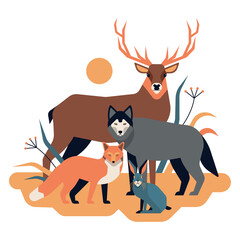 Vector flat illustration of wild animals in forest, white background. Deer, wolf, fox, hare.