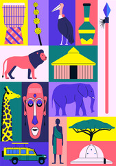 Vector illustration icon set of Africa. Drum, flower, african bird, jug, spear, lion, house, giraffe, mask, elephant, car, people, tree, hat.