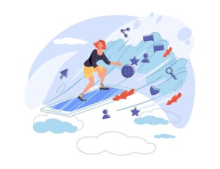 Cartoon flat character surfing internet - global worldwide content,web chat,social media service,online education,messenger communication,freelance remote work concept