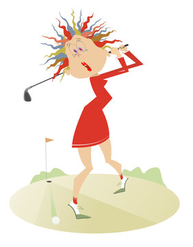 Young golfer woman on the golf course illustration. Funny golfer woman on the golf course tries to do a good hit isolated on white 