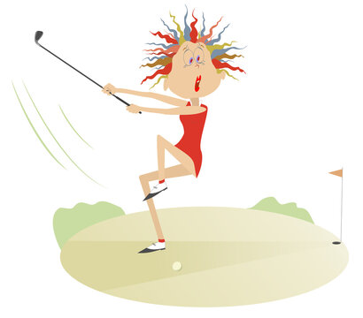 Young golfer woman on the golf course illustration. Comic golfer woman on the golf course tries to do a good hit isolated on white 