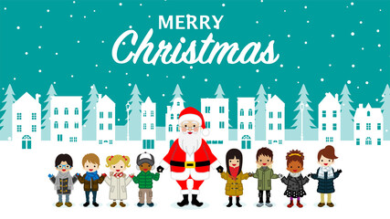 Santa claus and multi-ethnic children - Christmas design template, Included greeting words "Merry Christmas"