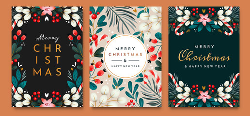 Christmas cards with ornaments of branches, berries and leaves. Set of greeting cards.