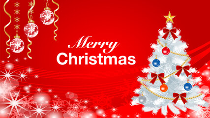 Fototapeta na wymiar White Christmas tree and ornament background - Red, Included greeting words 