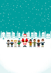Fototapeta na wymiar Santa claus and multi-ethnic children, vertical - Christmas design template, snowing town background