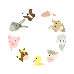 
postcard template with cute cartoon farm animals, vector image of cow, pig, cat, dog, duckling, donkey, horse and hen