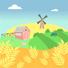 
landscape with farm animals, fields, ears of corn, village barn, mill and tractor, vector illustration in flat style