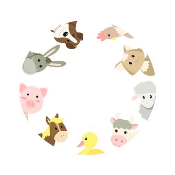 
postcard template with cute cartoon farm animals, vector image of cow, pig, cat, dog, duckling, donkey, horse and hen