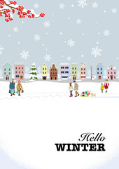 Winter snow covered townscape, vertical - Included words 