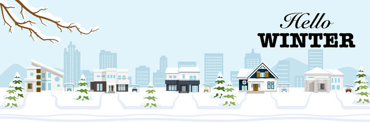 Winter suburb townscape, banner ratio - Included words "Hello WINTER"