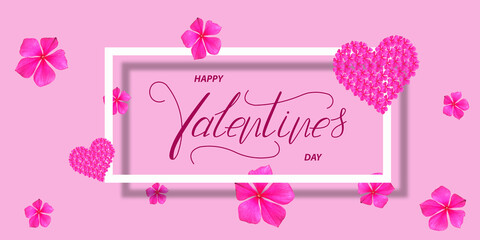 Happy Valentine's day! Card, online banner, greeting card, Flat lay on Valentine's Day,  on a pink background