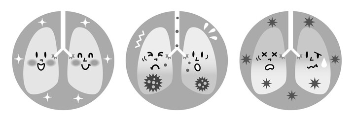 健康な肺と炎症を起こした肺のモノトーンイラスト