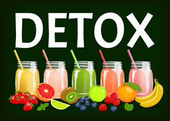 Detox. Smoothies with fruits and berries. Fresh fruits, Natural food, Detox, Healthy eating, Vegan concept. Vector illustration for poster, banner, flyer, menu, cover, advertising.